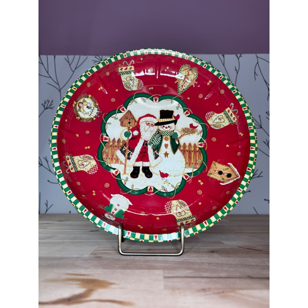 SCC Christmas Tin Serving Tray Santa Claus Snowman Holiday Platter Red 10.75in